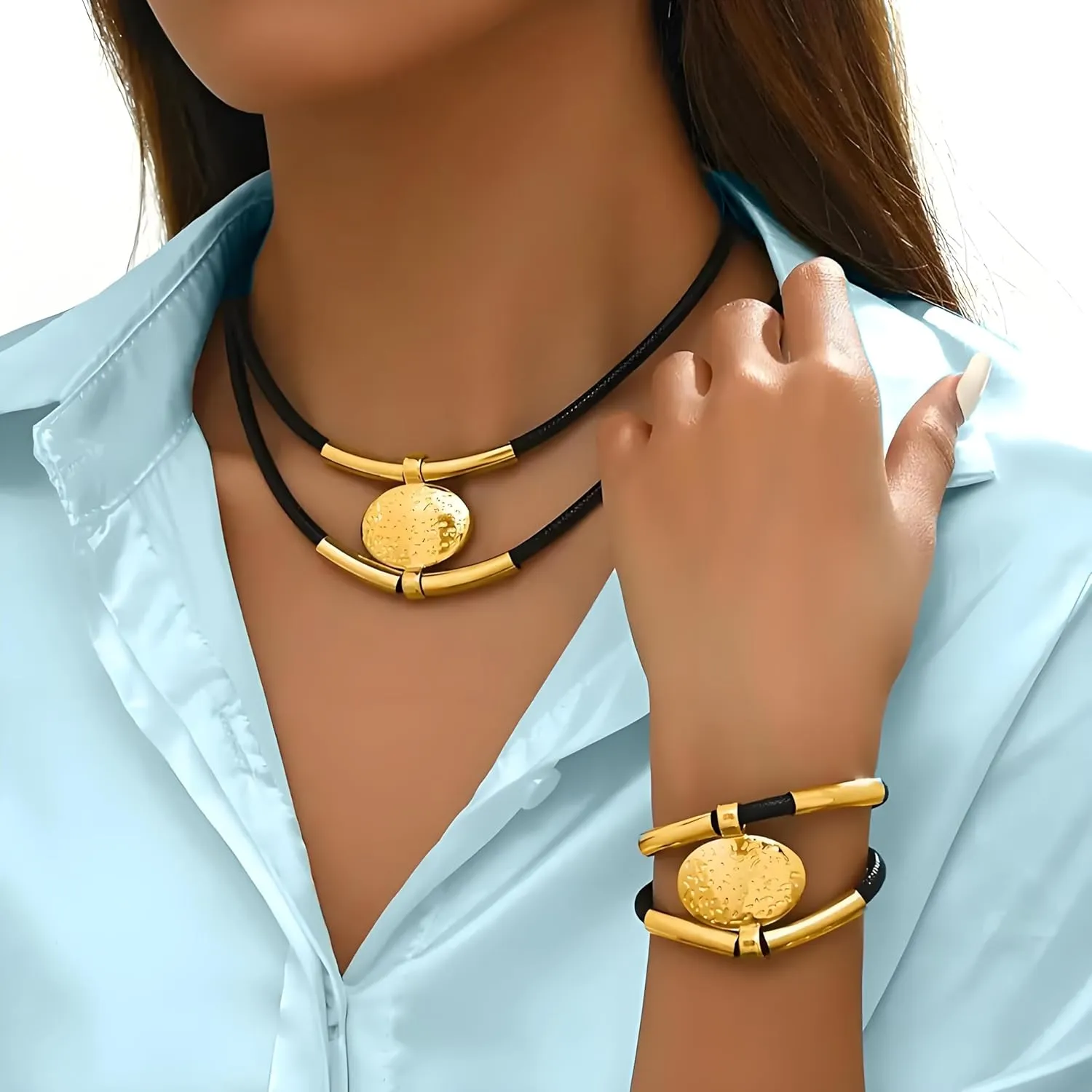 Gold Jewelry Set, Silver Black Boho Western Double Layered Chunky Vintage Pendant Necklace Stack Trendy Adjustable Non Tarnish Bracelet Cowgirl Dainty Hypoallergenic Earrings Jewelry Sets For Women