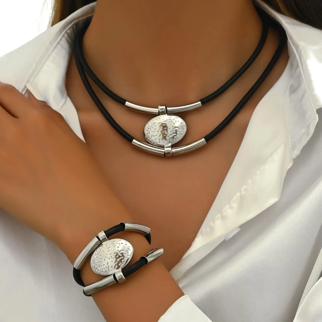 Gold Jewelry Set, Silver Black Boho Western Double Layered Chunky Vintage Pendant Necklace Stack Trendy Adjustable Non Tarnish Bracelet Cowgirl Dainty Hypoallergenic Earrings Jewelry Sets For Women