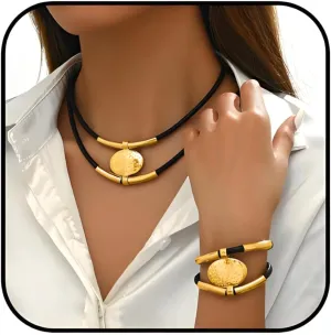 Gold Jewelry Set, Silver Black Boho Western Double Layered Chunky Vintage Pendant Necklace Stack Trendy Adjustable Non Tarnish Bracelet Cowgirl Dainty Hypoallergenic Earrings Jewelry Sets For Women