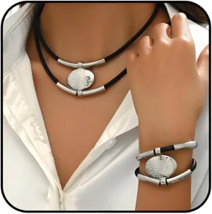 Gold Jewelry Set, Silver Black Boho Western Double Layered Chunky Vintage Pendant Necklace Stack Trendy Adjustable Non Tarnish Bracelet Cowgirl Dainty Hypoallergenic Earrings Jewelry Sets For Women