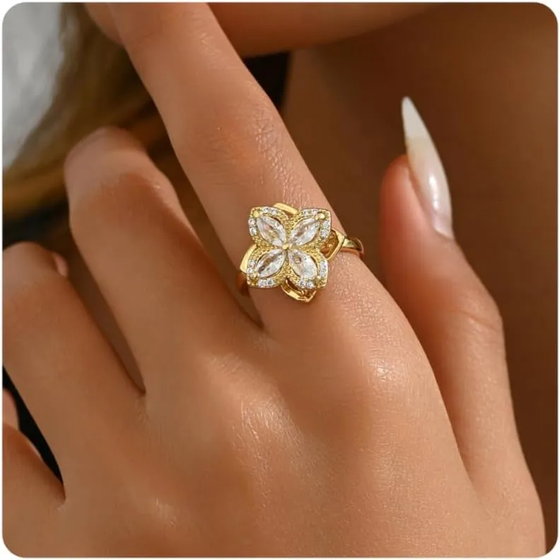 Gold Rings for Women Open Anti Anxiety Spinner Ring Adjustable Fidget Rings Evil Eye Flower Ring Jewelry