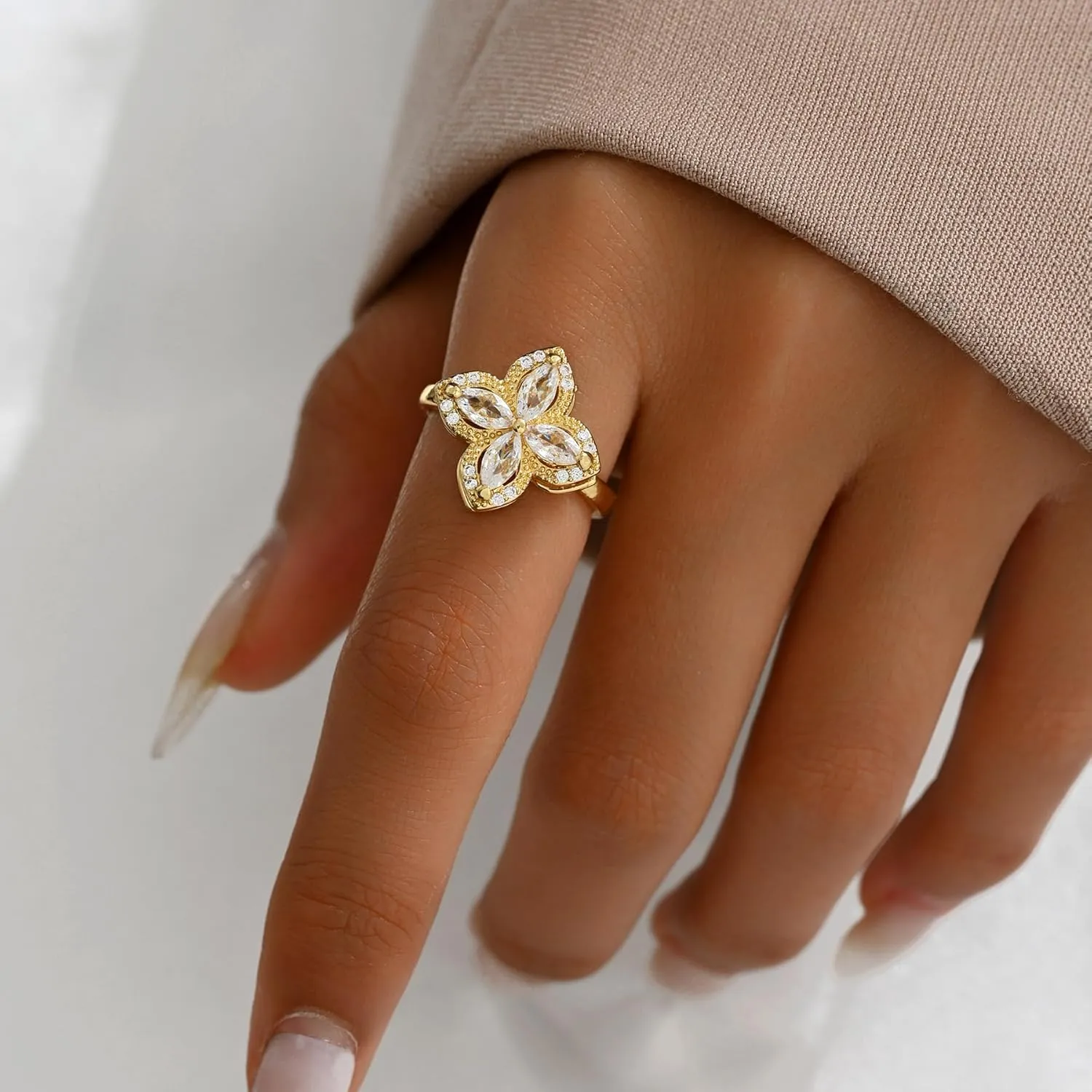 Gold Rings for Women Open Anti Anxiety Spinner Ring Adjustable Fidget Rings Evil Eye Flower Ring Jewelry