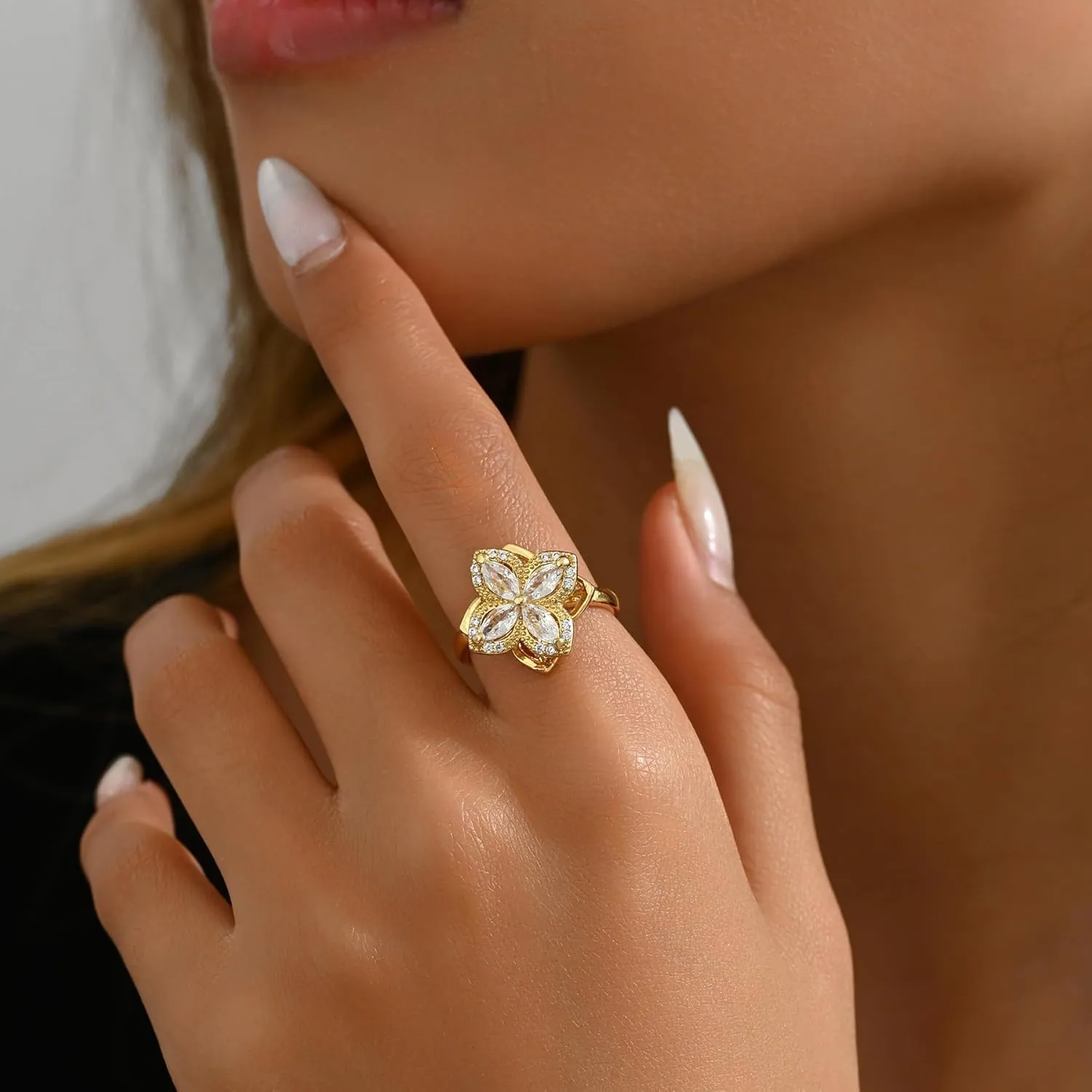 Gold Rings for Women Open Anti Anxiety Spinner Ring Adjustable Fidget Rings Evil Eye Flower Ring Jewelry