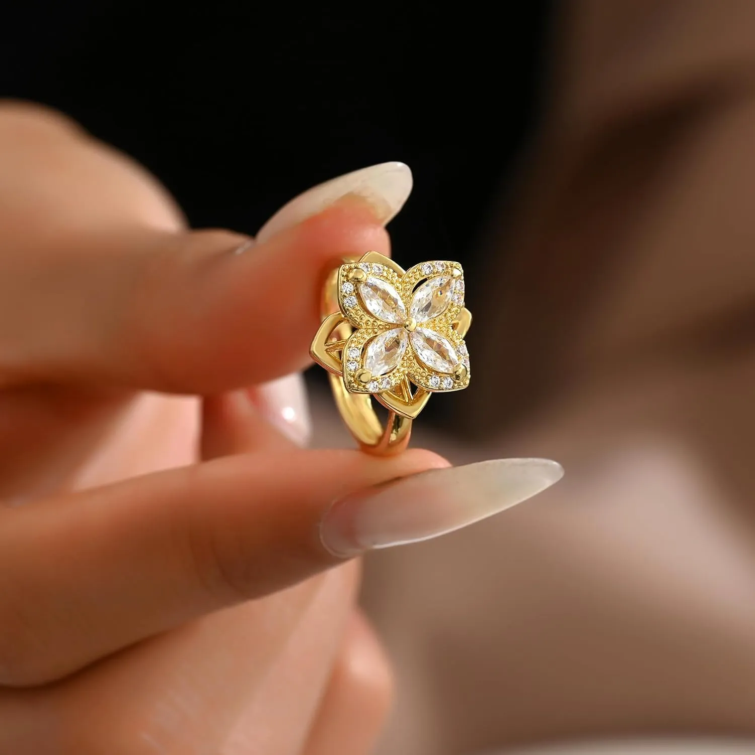 Gold Rings for Women Open Anti Anxiety Spinner Ring Adjustable Fidget Rings Evil Eye Flower Ring Jewelry