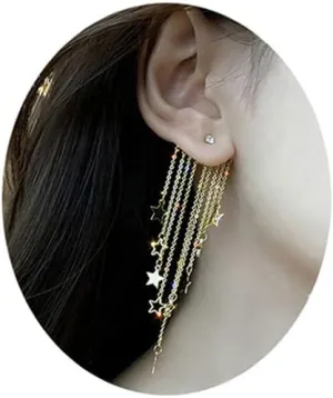 Gold Star Moon Tassel Drop Earrings - Lucky Star Statement Earrings for Women