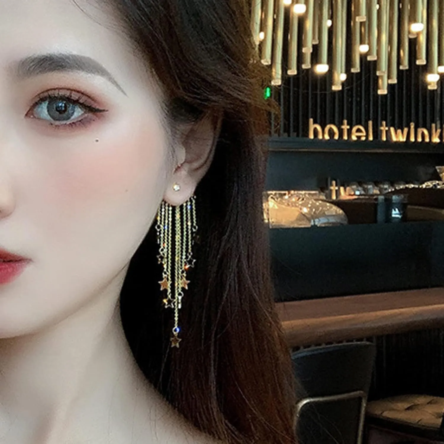 Gold Star Moon Tassel Drop Earrings - Lucky Star Statement Earrings for Women