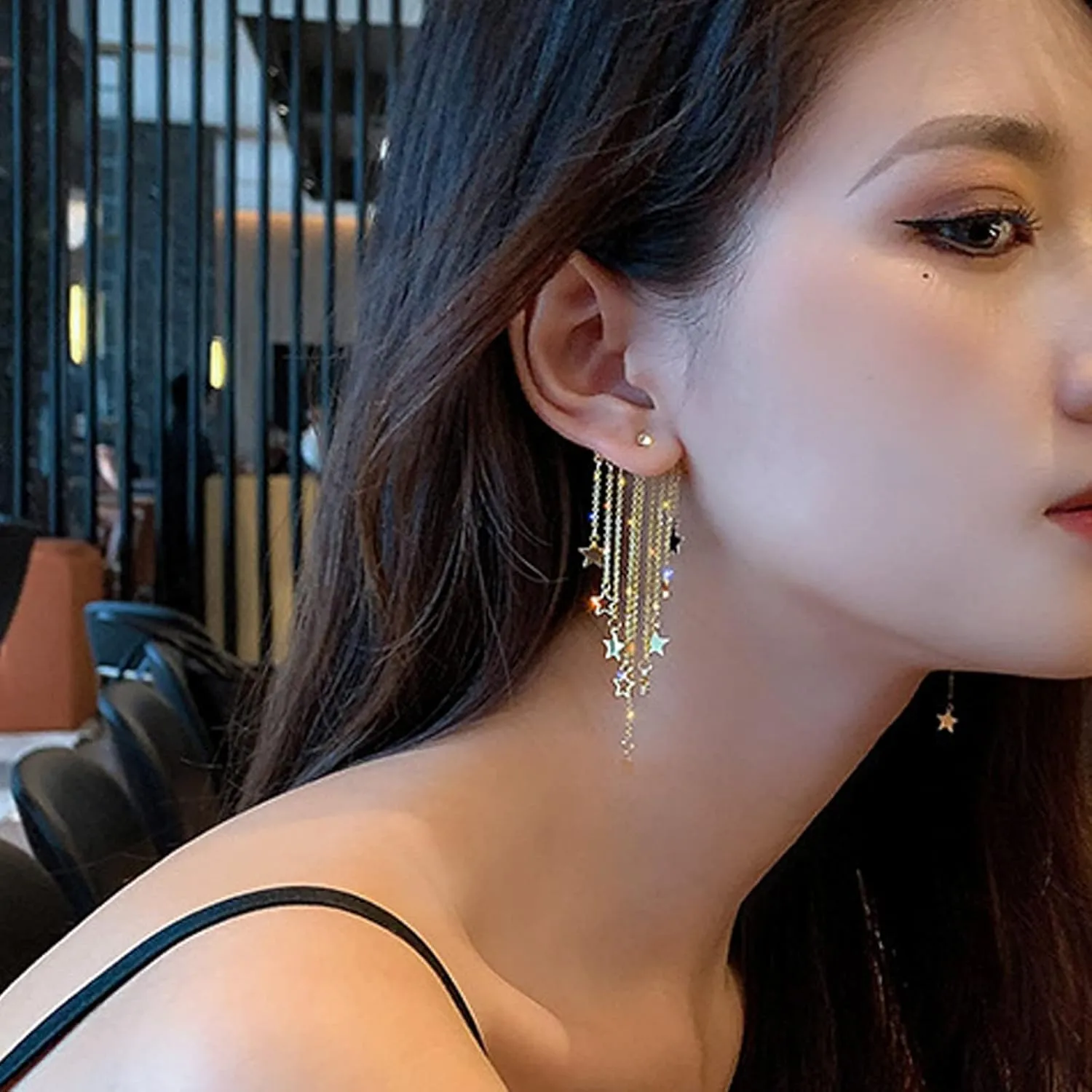 Gold Star Moon Tassel Drop Earrings - Lucky Star Statement Earrings for Women