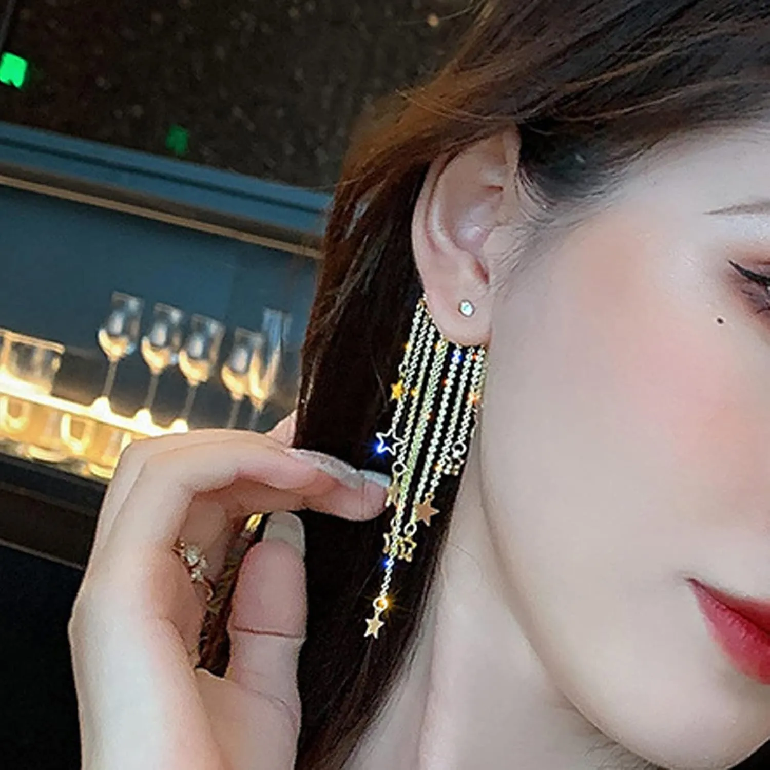 Gold Star Moon Tassel Drop Earrings - Lucky Star Statement Earrings for Women