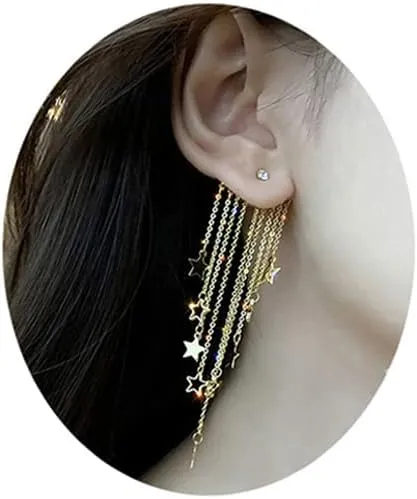 Gold Star Moon Tassel Drop Earrings - Lucky Star Statement Earrings for Women