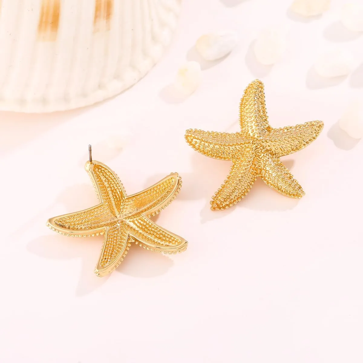 Gold Starfish Shell Conch Seashell Earrings - Trendy Summer Boho Ocean Chunky Statement Beach Jewelry - Gifts for Women