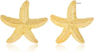 Gold Starfish Shell Conch Seashell Earrings - Trendy Summer Boho Ocean Chunky Statement Beach Jewelry - Gifts for Women