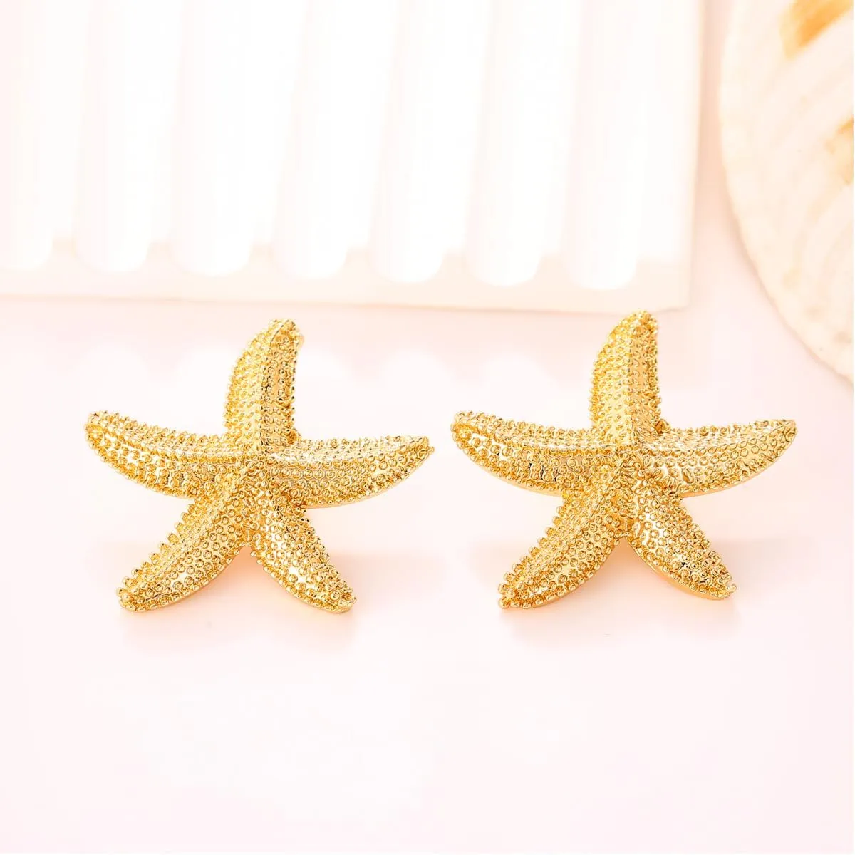 Gold Starfish Shell Conch Seashell Earrings - Trendy Summer Boho Ocean Chunky Statement Beach Jewelry - Gifts for Women