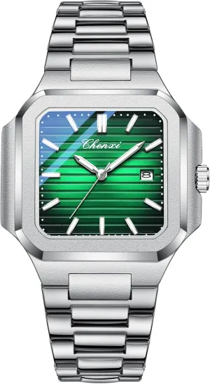 Gosasa Classic Square Watches for Men Silver Analog Quartz Luxury Men's Watch Stainless Steel Luminous Waterproof Casual Business Calendar Dress Male Wristwatch