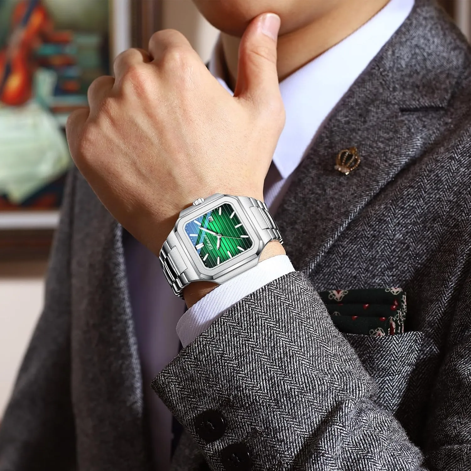 Gosasa Classic Square Watches for Men Silver Analog Quartz Luxury Men's Watch Stainless Steel Luminous Waterproof Casual Business Calendar Dress Male Wristwatch