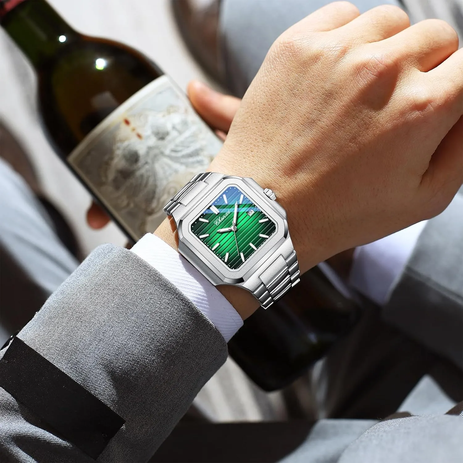 Gosasa Classic Square Watches for Men Silver Analog Quartz Luxury Men's Watch Stainless Steel Luminous Waterproof Casual Business Calendar Dress Male Wristwatch