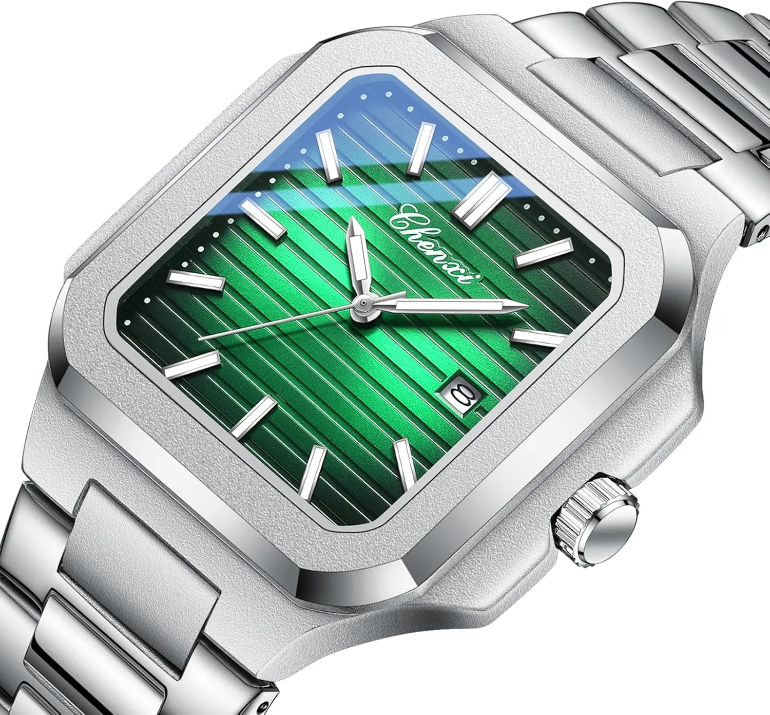 Gosasa Classic Square Watches for Men Silver Analog Quartz Luxury Men's Watch Stainless Steel Luminous Waterproof Casual Business Calendar Dress Male Wristwatch