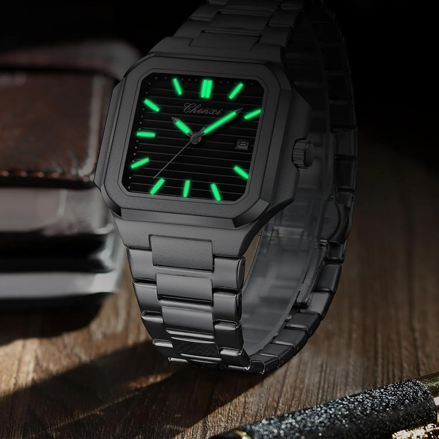 Gosasa Classic Square Watches for Men Silver Analog Quartz Luxury Men's Watch Stainless Steel Luminous Waterproof Casual Business Calendar Dress Male Wristwatch