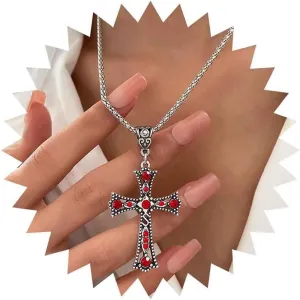 Gothic Ruby Cross Pendent Necklace Cz Ruby Cross Choker Necklace Large Cross Necklace Chain Red Crystal Cross Necklace Silver Rhinestone Cross Chain Necklace Jewelry for Women