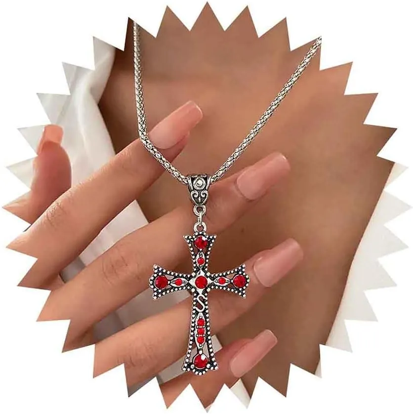 Gothic Ruby Cross Pendent Necklace Cz Ruby Cross Choker Necklace Large Cross Necklace Chain Red Crystal Cross Necklace Silver Rhinestone Cross Chain Necklace Jewelry for Women