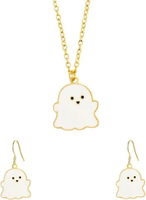 Halloween Ghost Earring Necklace Set for Woman Man Lovely Ghost Charm Pendant Enamel Earrings for Couple Memorial Jewelry Gifts