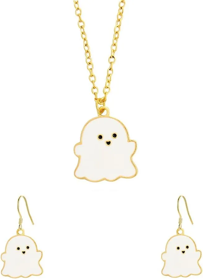 Halloween Ghost Earring Necklace Set for Woman Man Lovely Ghost Charm Pendant Enamel Earrings for Couple Memorial Jewelry Gifts