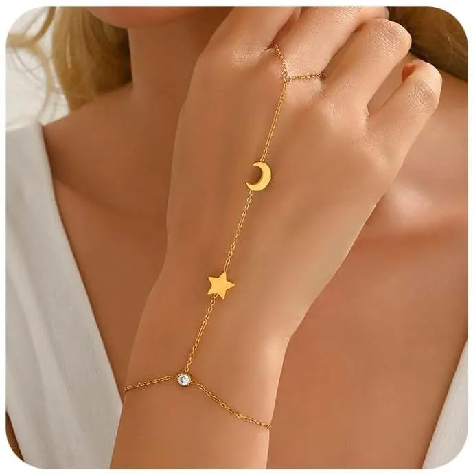 Hand Chain Bracelet for Women 18K Gold Plated Pearl Beaded Moon Star Cubic Zirconia Ring Bracelet Hand Chain Trendy Body Jewlery Gifts