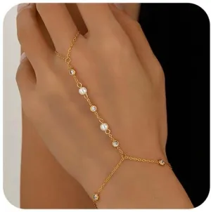 Hand Chain Bracelet for Women 18K Gold Plated Pearl Beaded Moon Star Cubic Zirconia Ring Bracelet Hand Chain Trendy Body Jewlery Gifts