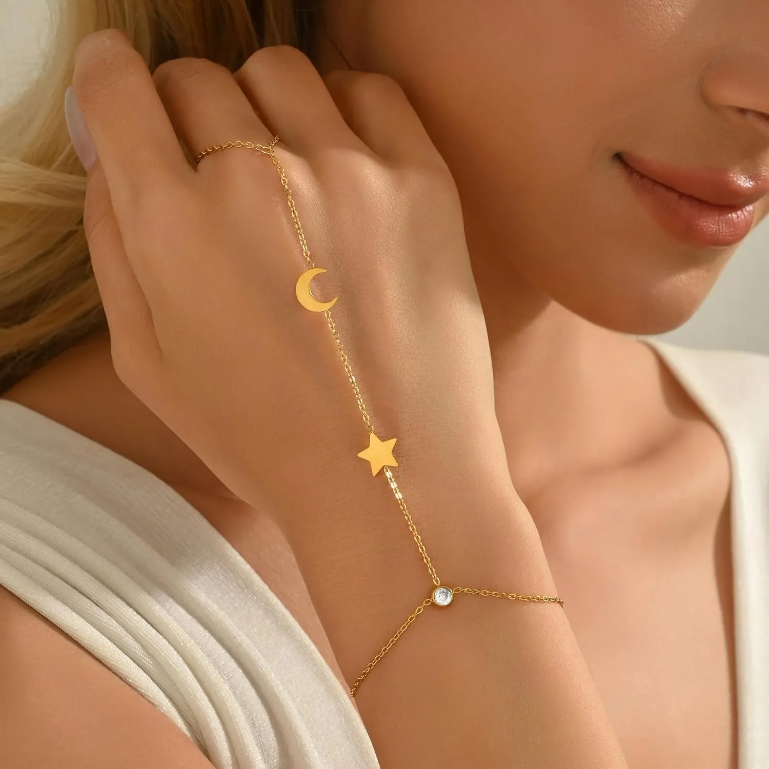 Hand Chain Bracelet for Women 18K Gold Plated Pearl Beaded Moon Star Cubic Zirconia Ring Bracelet Hand Chain Trendy Body Jewlery Gifts