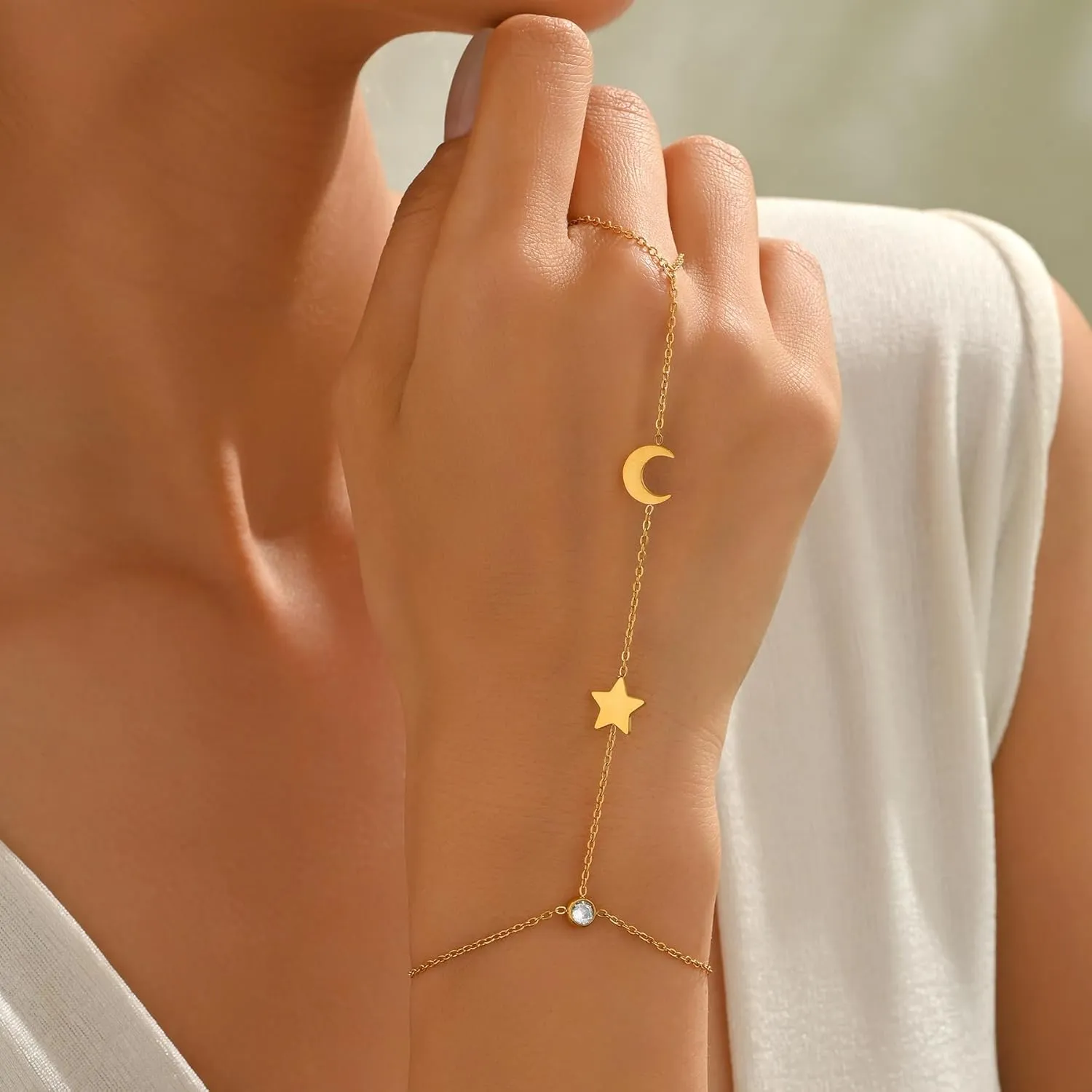 Hand Chain Bracelet for Women 18K Gold Plated Pearl Beaded Moon Star Cubic Zirconia Ring Bracelet Hand Chain Trendy Body Jewlery Gifts
