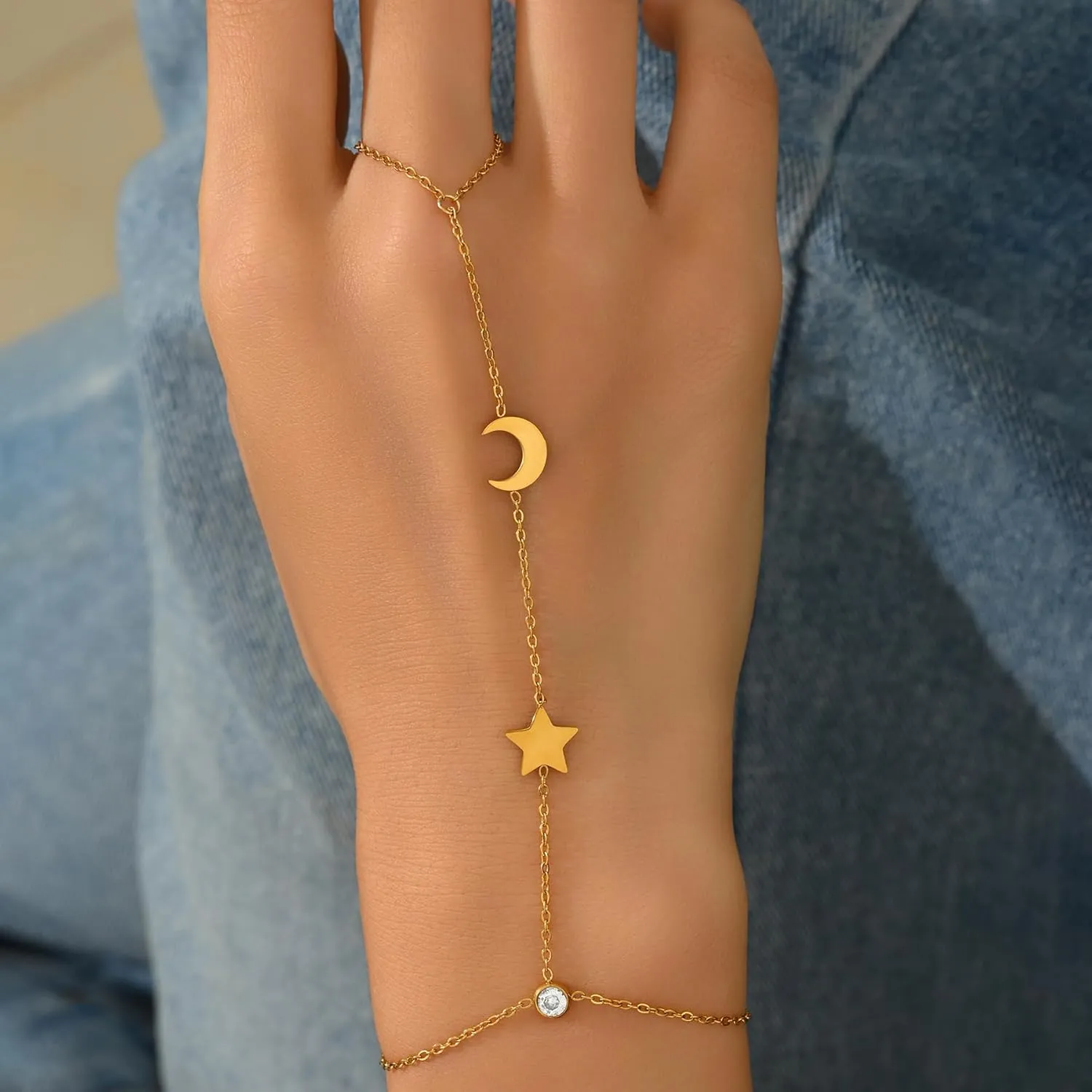 Hand Chain Bracelet for Women 18K Gold Plated Pearl Beaded Moon Star Cubic Zirconia Ring Bracelet Hand Chain Trendy Body Jewlery Gifts