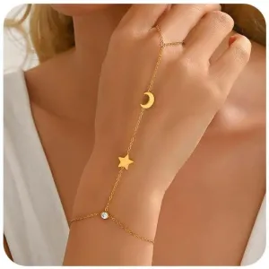 Hand Chain Bracelet for Women 18K Gold Plated Pearl Beaded Moon Star Cubic Zirconia Ring Bracelet Hand Chain Trendy Body Jewlery Gifts