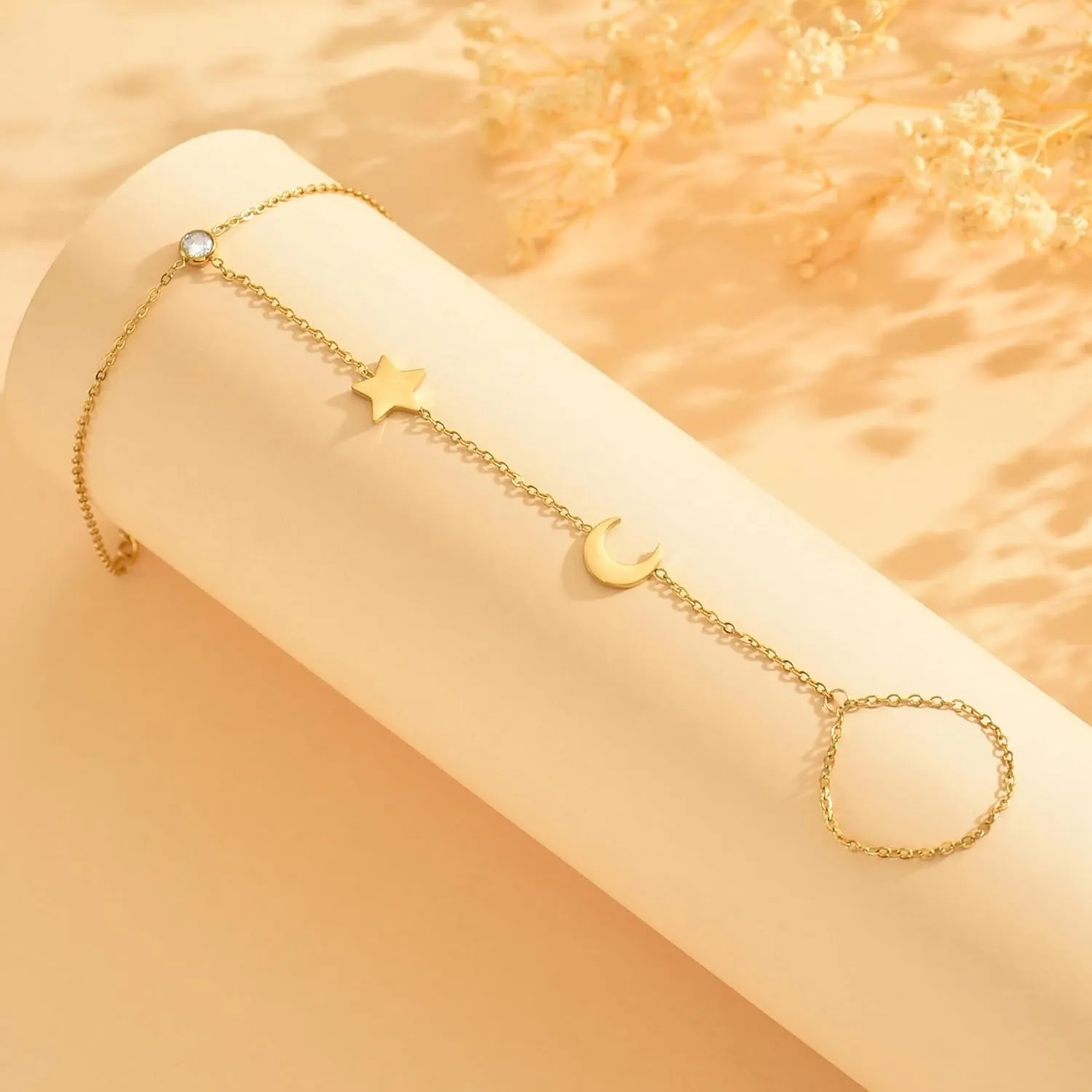 Hand Chain Bracelet for Women 18K Gold Plated Pearl Beaded Moon Star Cubic Zirconia Ring Bracelet Hand Chain Trendy Body Jewlery Gifts