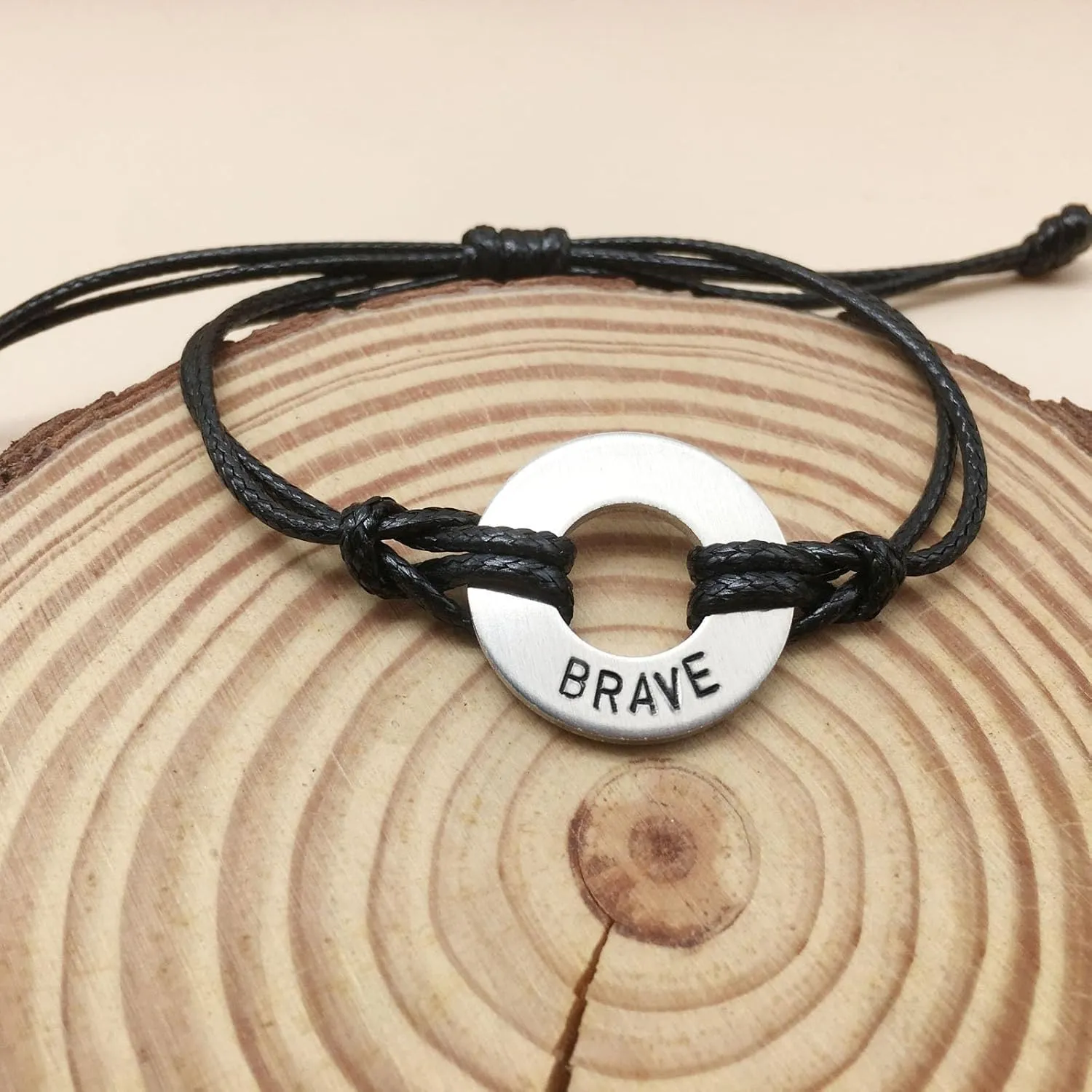 Hand Stamp Washer Word Bracelet Handmade Inspirational Word Bracelets Word Bracelet for Women Men (BRAVE)