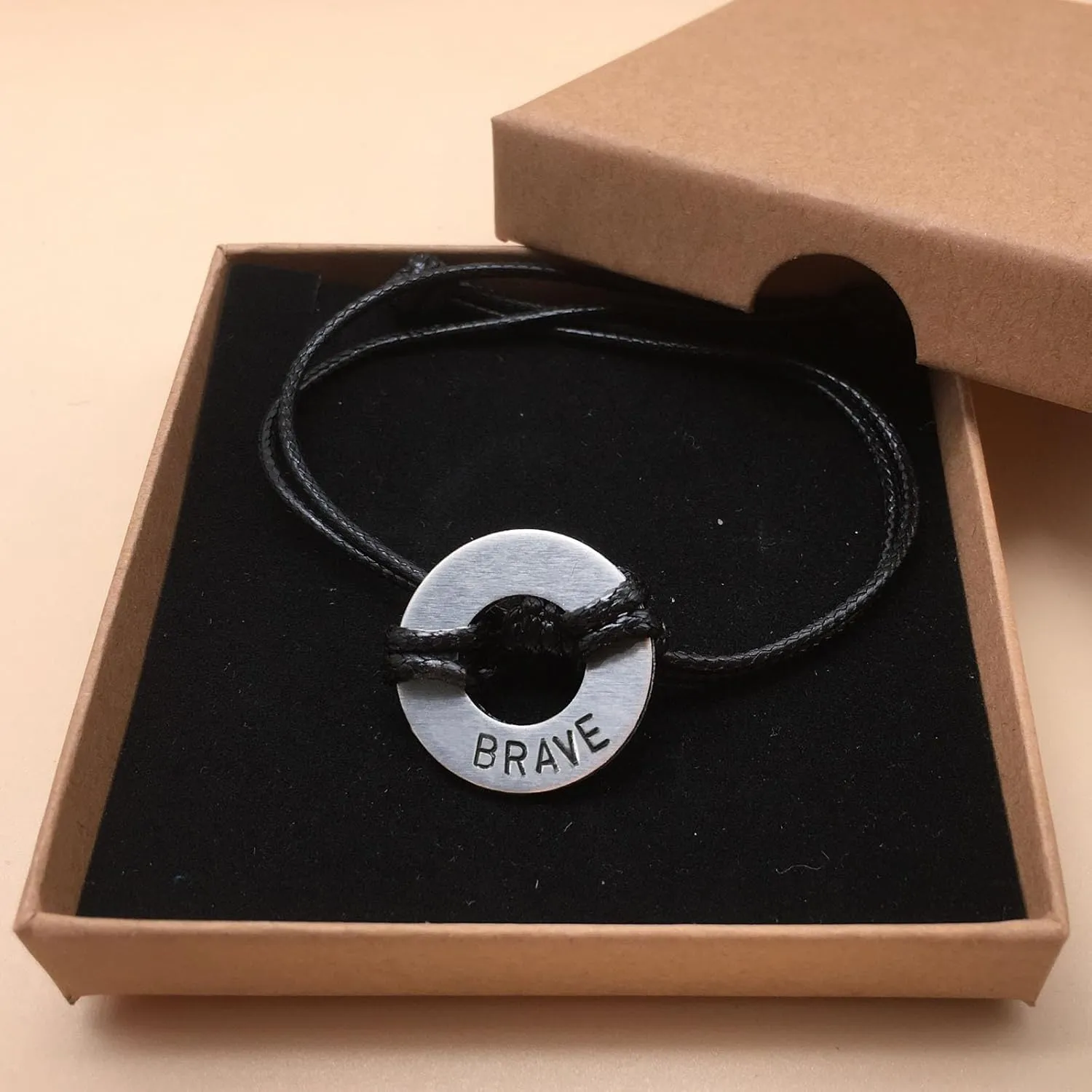 Hand Stamp Washer Word Bracelet Handmade Inspirational Word Bracelets Word Bracelet for Women Men (BRAVE)