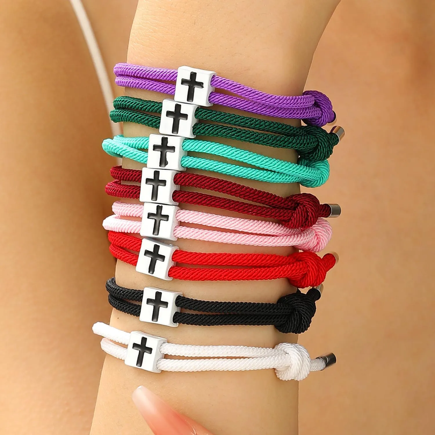 Handmade Adjustable Christian Cross Braided Rope Bracelet Multicolor ross Woven String Bracelets for Women Men Lucky Protection Religious Faith Jewelry Gifts