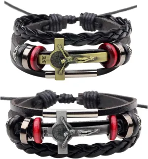 Handmade Leather Bracelets Set for Men and Women Vintage Cross Beaded Braided Black Punk Adjustable Wrap Cuff Bracelet