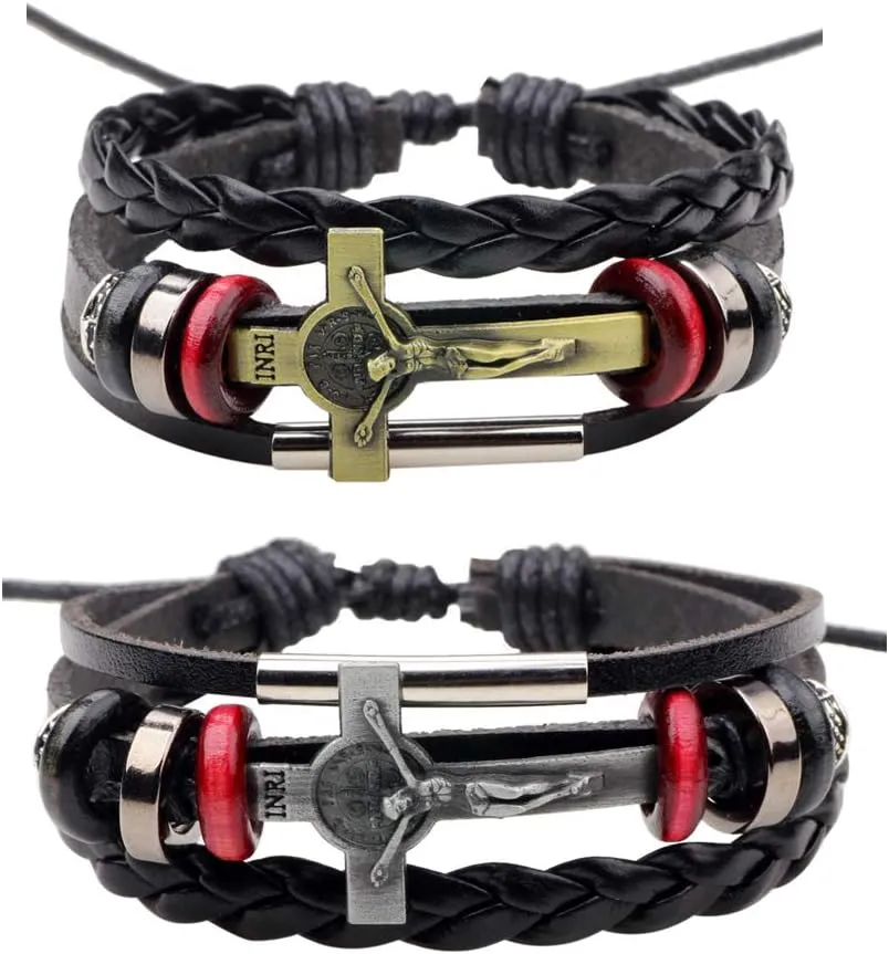 Handmade Leather Bracelets Set for Men and Women Vintage Cross Beaded Braided Black Punk Adjustable Wrap Cuff Bracelet