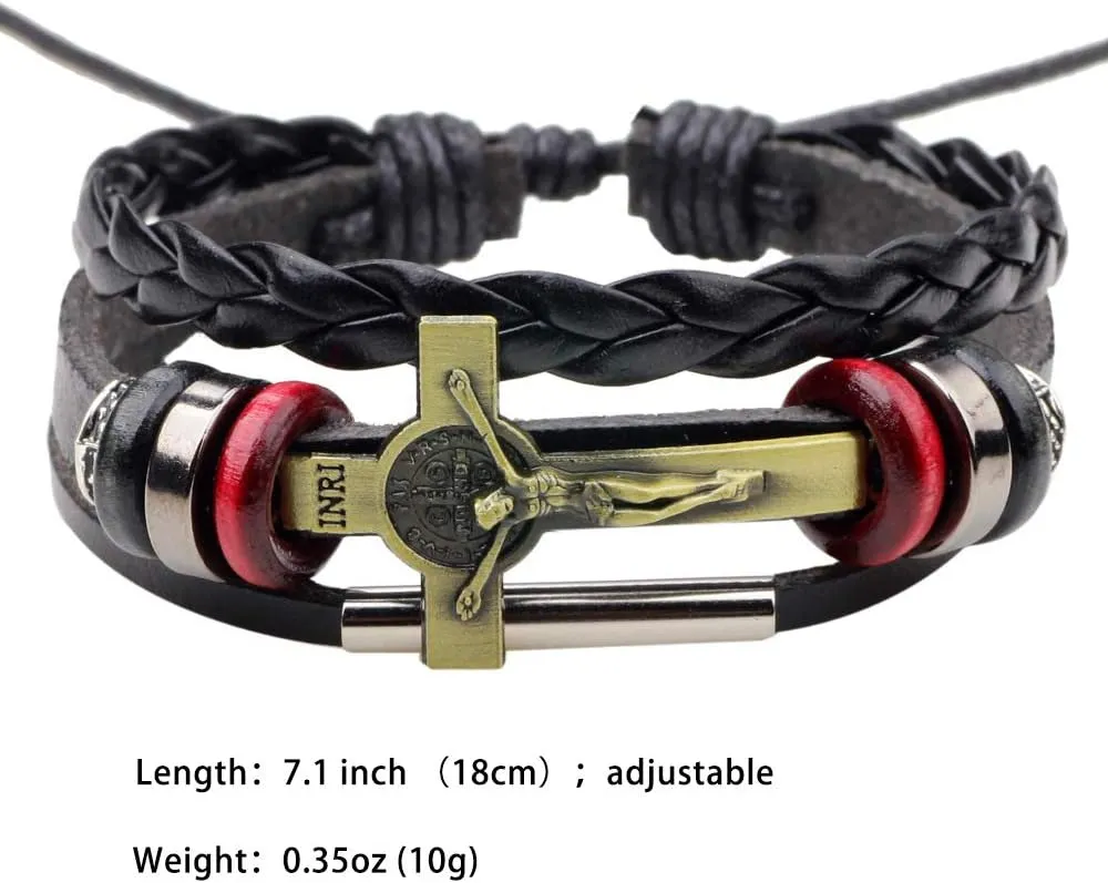 Handmade Leather Bracelets Set for Men and Women Vintage Cross Beaded Braided Black Punk Adjustable Wrap Cuff Bracelet