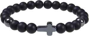 Handmade Religion Cross Natural Colorful 8mm Stone Beads Bracelet Stretch Elastic Link Bangle Friendship Couple Adjustable Jewelry for Women Men