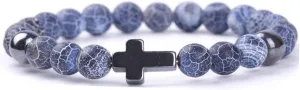 Handmade Religion Cross Natural Colorful 8mm Stone Beads Bracelet Stretch Elastic Link Bangle Friendship Couple Adjustable Jewelry for Women Men