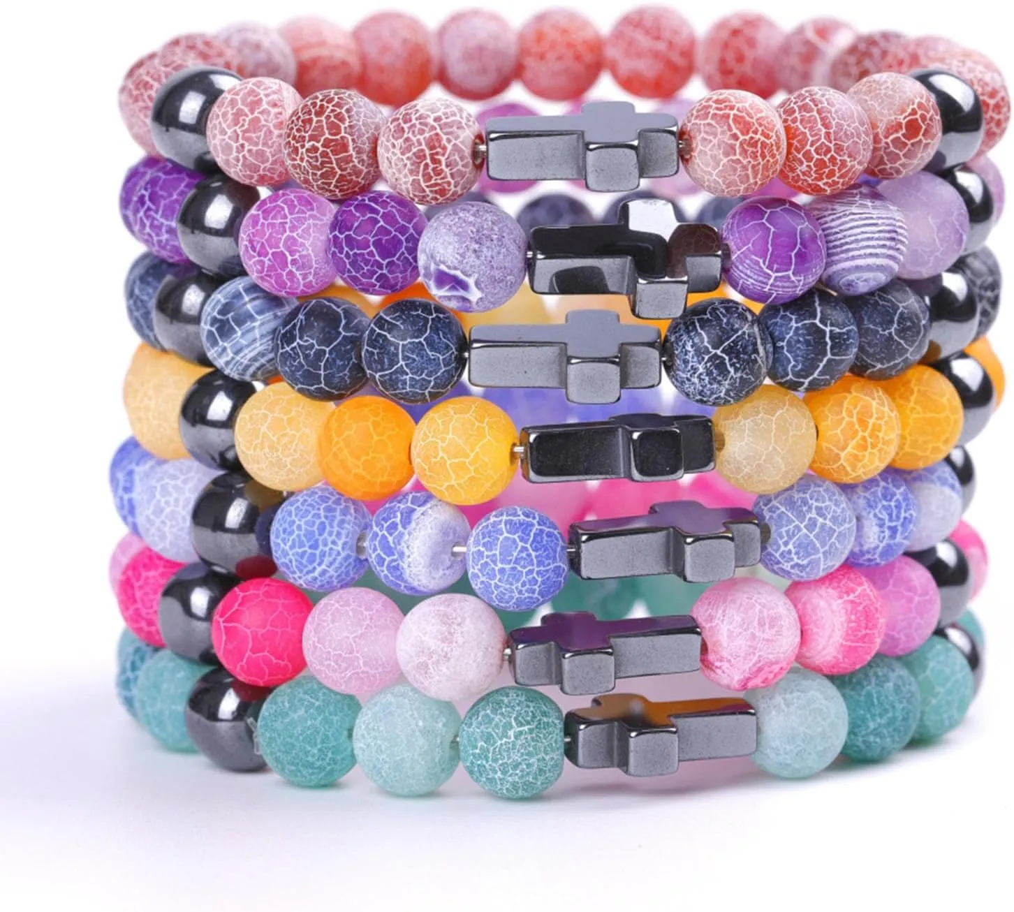 Handmade Religion Cross Natural Colorful 8mm Stone Beads Bracelet Stretch Elastic Link Bangle Friendship Couple Adjustable Jewelry for Women Men