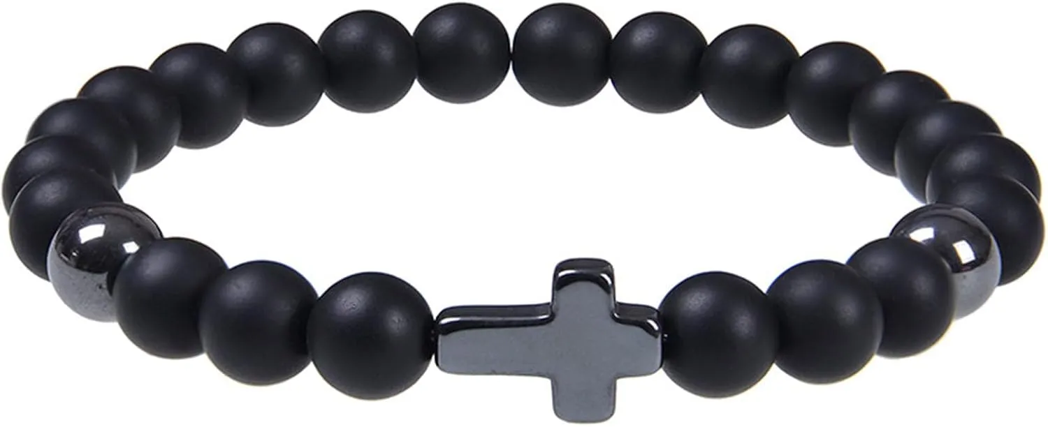 Handmade Religion Cross Natural Colorful 8mm Stone Beads Bracelet Stretch Elastic Link Bangle Friendship Couple Adjustable Jewelry for Women Men