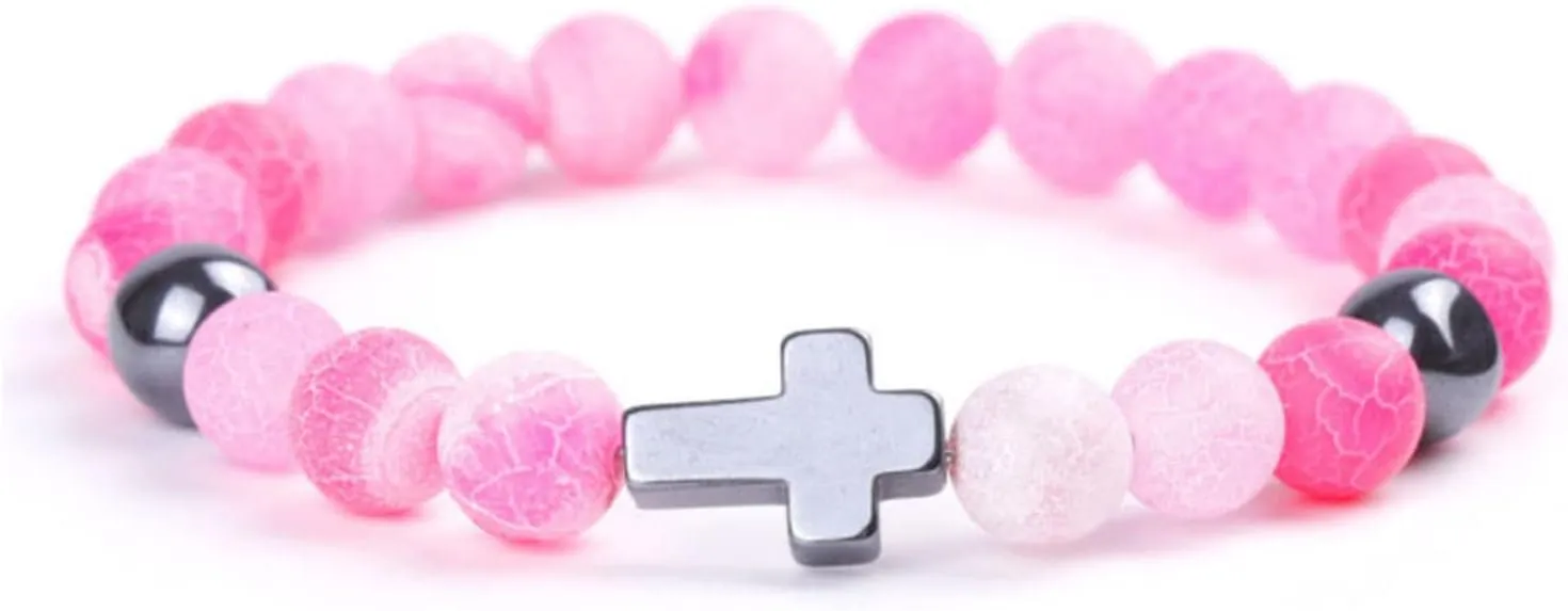 Handmade Religion Cross Natural Colorful 8mm Stone Beads Bracelet Stretch Elastic Link Bangle Friendship Couple Adjustable Jewelry for Women Men
