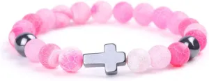 Handmade Religion Cross Natural Colorful 8mm Stone Beads Bracelet Stretch Elastic Link Bangle Friendship Couple Adjustable Jewelry for Women Men