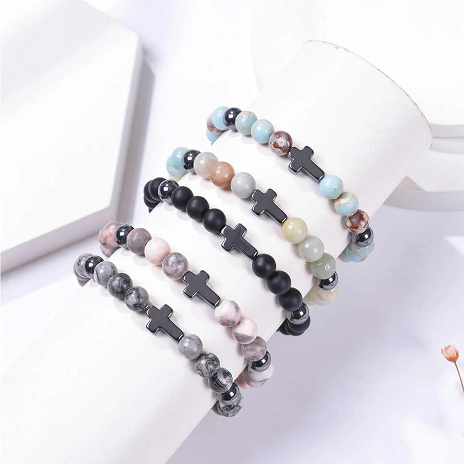 Handmade Religion Cross Natural Colorful 8mm Stone Beads Bracelet Stretch Elastic Link Bangle Friendship Couple Adjustable Jewelry for Women Men