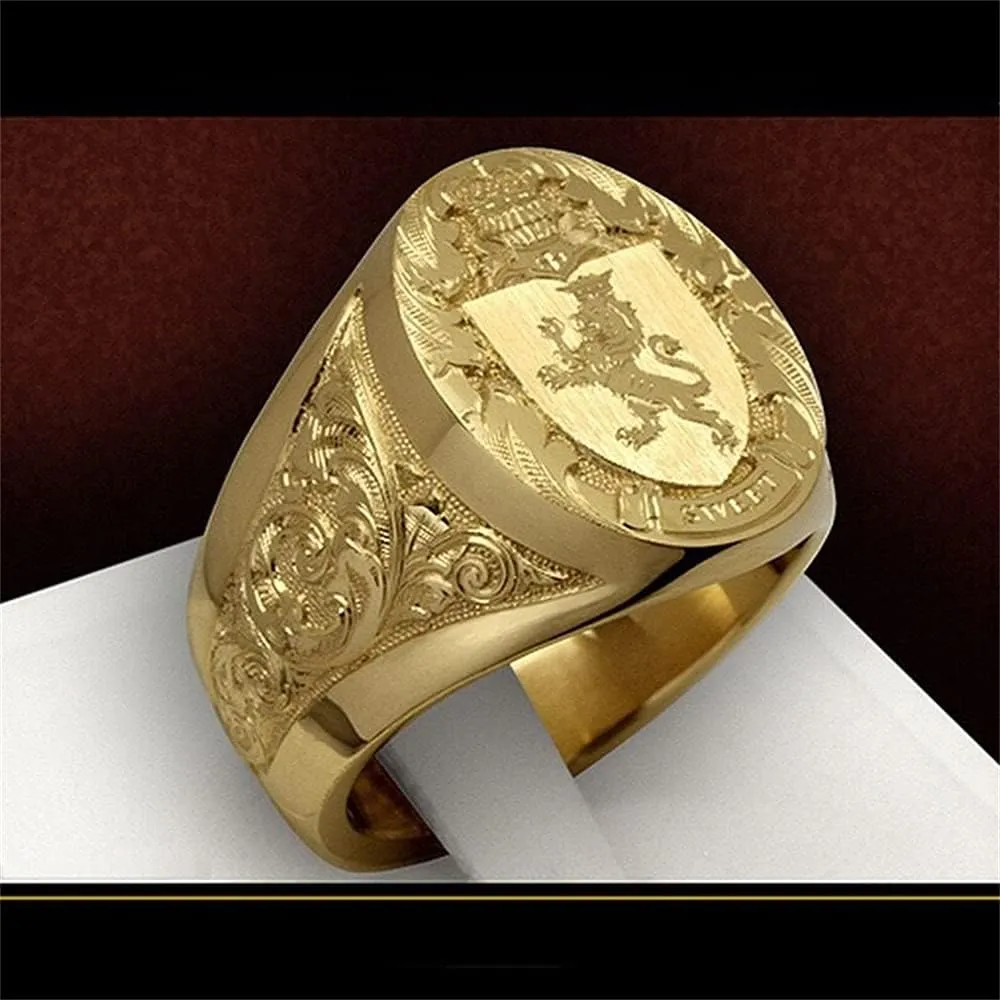HaoMo, 925 Sterling Silver Plated 18K Yellow Gold Mens Ring Crown Lion Shield Badge Ring Royal Seal Ring Animal Pattern Hip hop Ring Cocktail Party Ring of Gift for Men Size 712 HM021 (11)