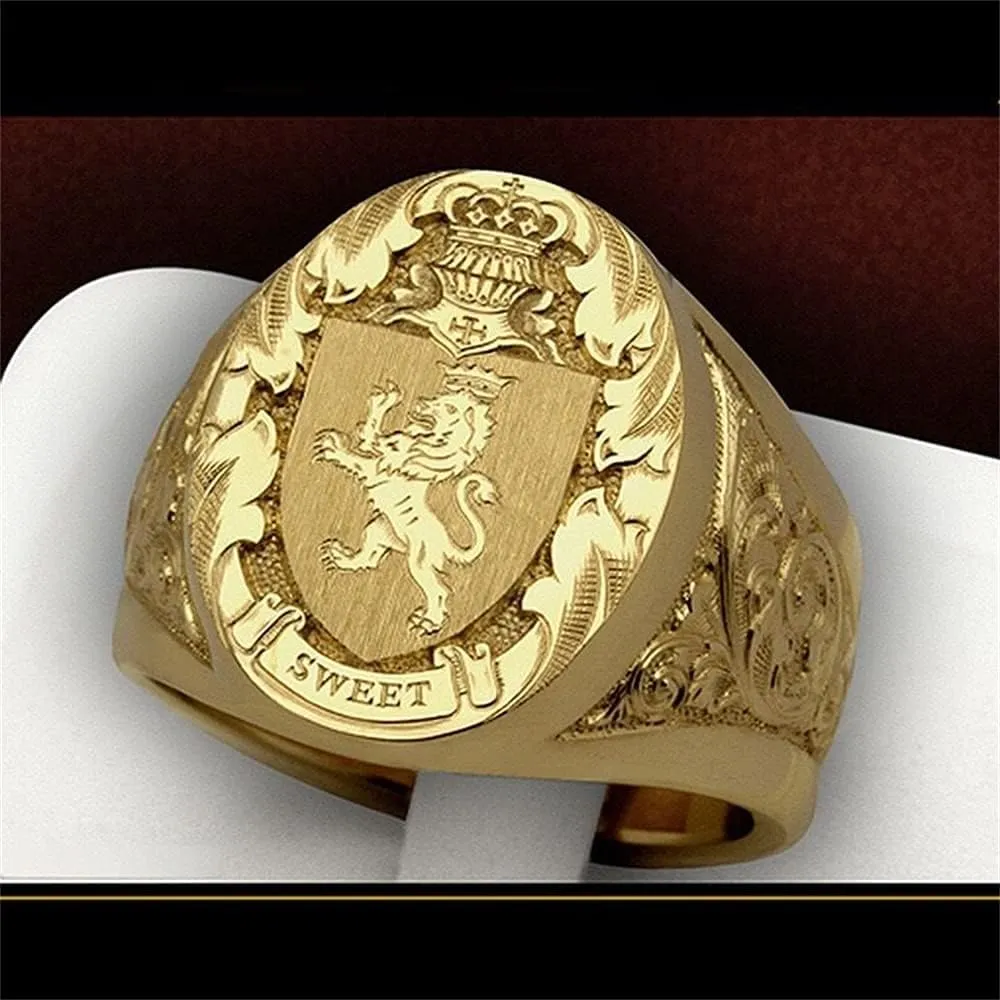 HaoMo, 925 Sterling Silver Plated 18K Yellow Gold Mens Ring Crown Lion Shield Badge Ring Royal Seal Ring Animal Pattern Hip hop Ring Cocktail Party Ring of Gift for Men Size 712 HM021 (11)