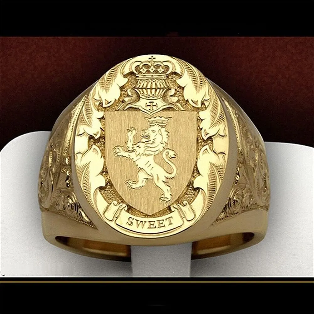 HaoMo, 925 Sterling Silver Plated 18K Yellow Gold Mens Ring Crown Lion Shield Badge Ring Royal Seal Ring Animal Pattern Hip hop Ring Cocktail Party Ring of Gift for Men Size 712 HM021 (11)