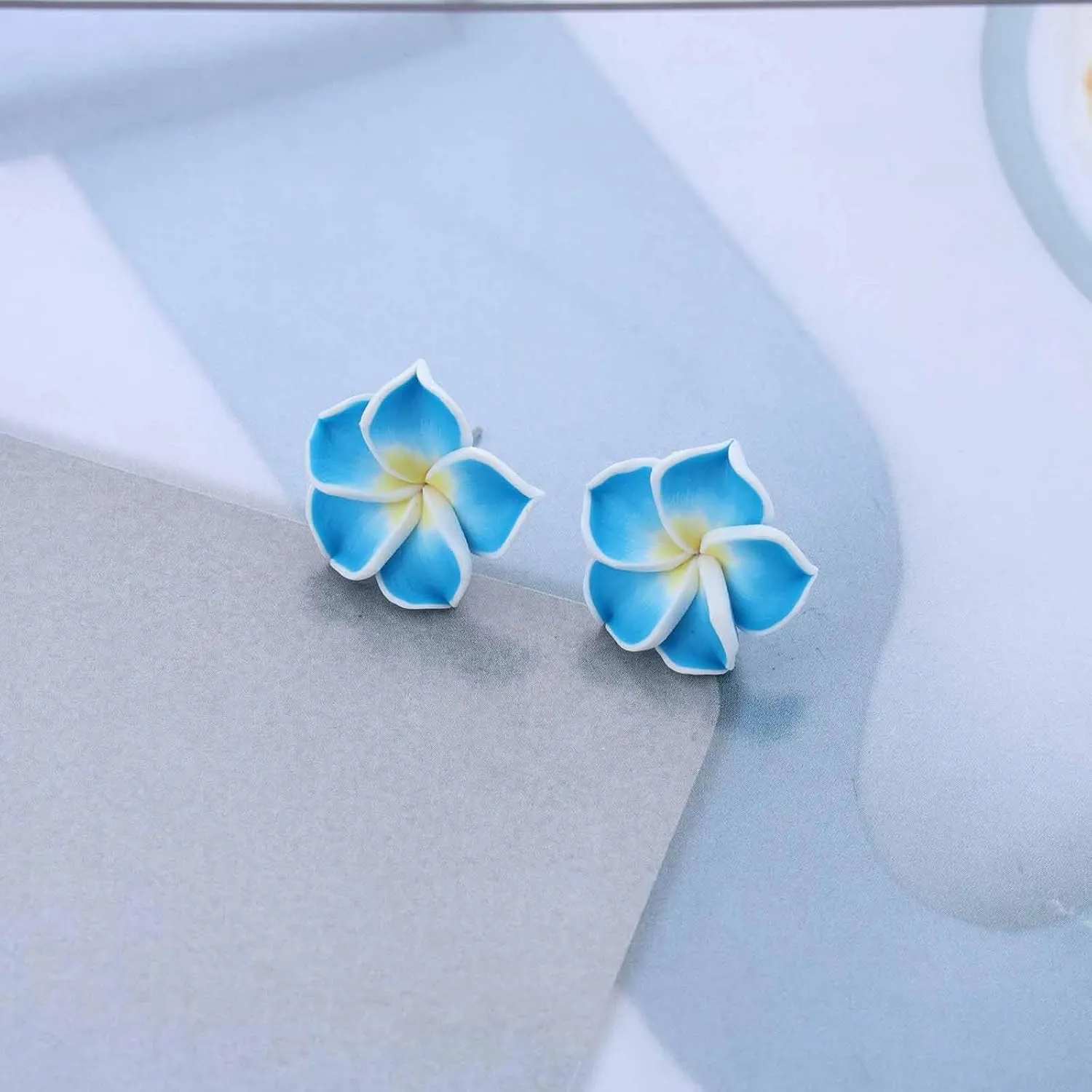 Hawaiian Flower Stud Earrings Dark Blue Plumeria Flower Earrings Bohemian Luau Beach Party Tropical Floral Earring Polymer Clay Plumeria Earring Jewelry for Women(Dark Blue)