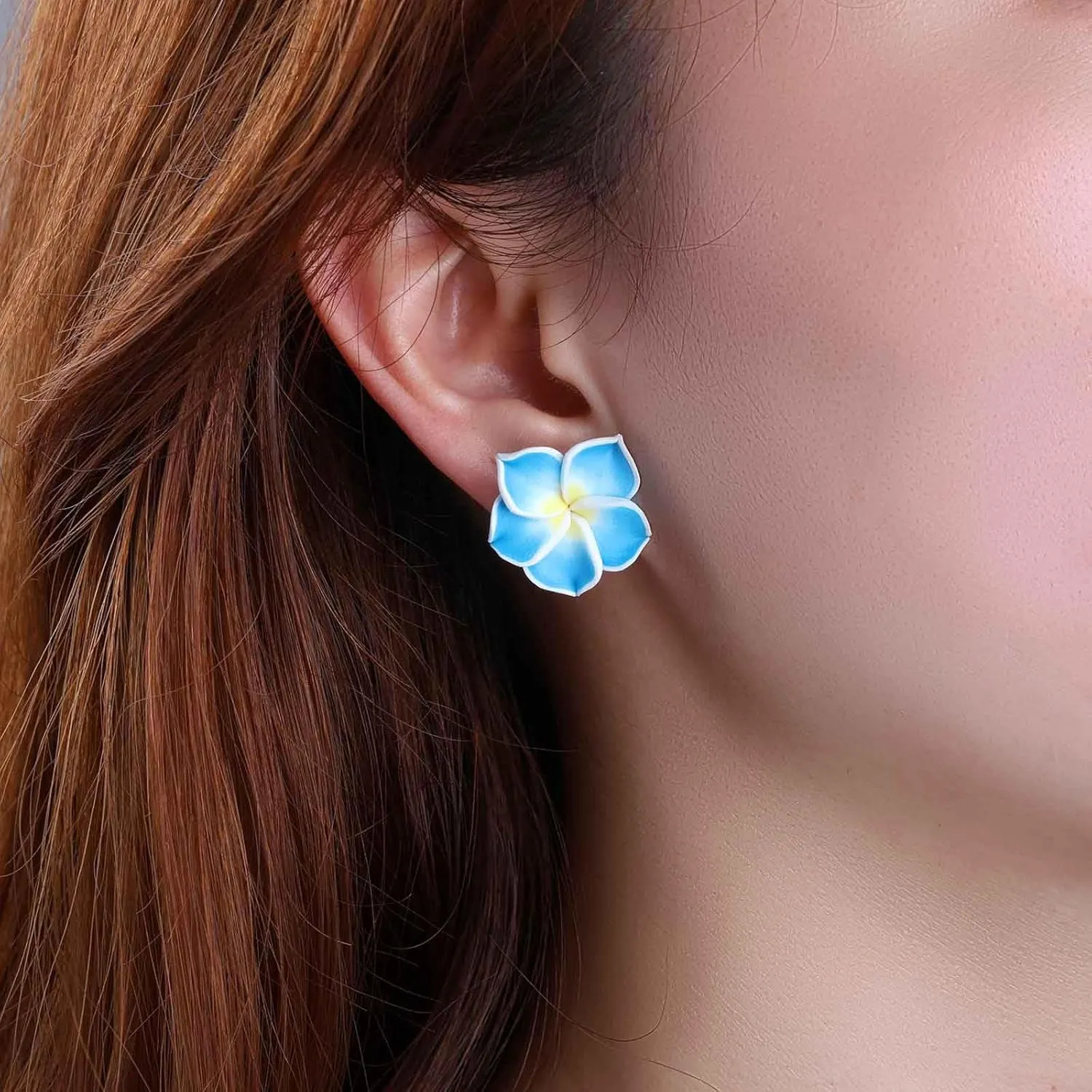 Hawaiian Flower Stud Earrings Dark Blue Plumeria Flower Earrings Bohemian Luau Beach Party Tropical Floral Earring Polymer Clay Plumeria Earring Jewelry for Women(Dark Blue)